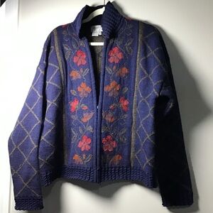 Cherry Lewis 100% Wool Full zip Knit  Floral Patterned Blue Cardigan England L